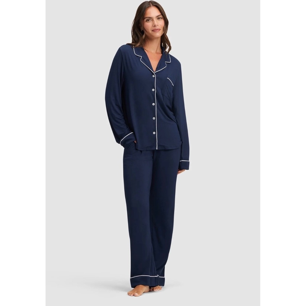 Cozy Earth Bamboo Stretch Knit Long Sleeve Pajama Set Women L Navy Luxury Lounge
